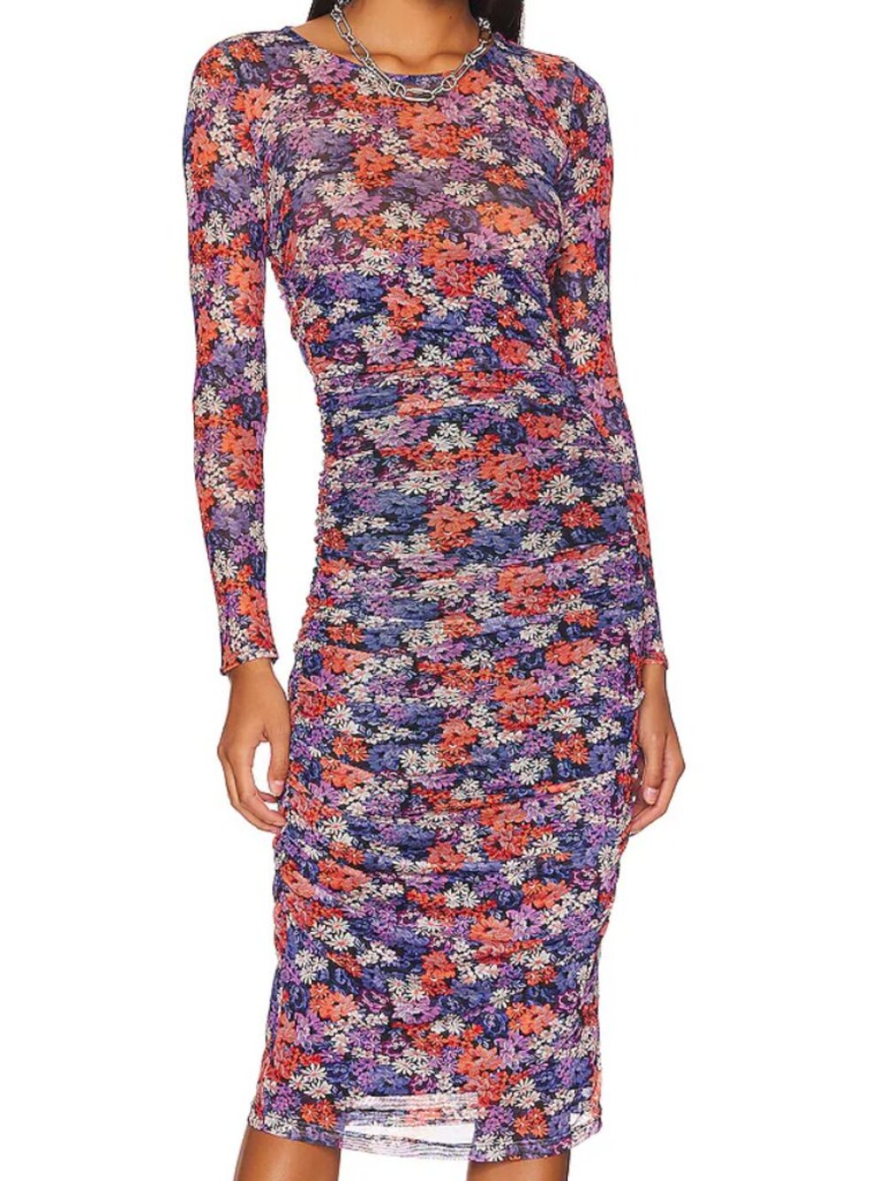 Revolve Long Sleeve Mesh Bodycon Ruched Maxi Dress in Vibrant Floral